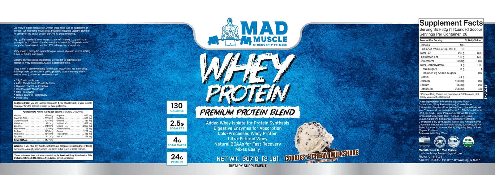 2 lb. Whey Protein- Cookies and Cream — full label, including the Supplement Facts panel