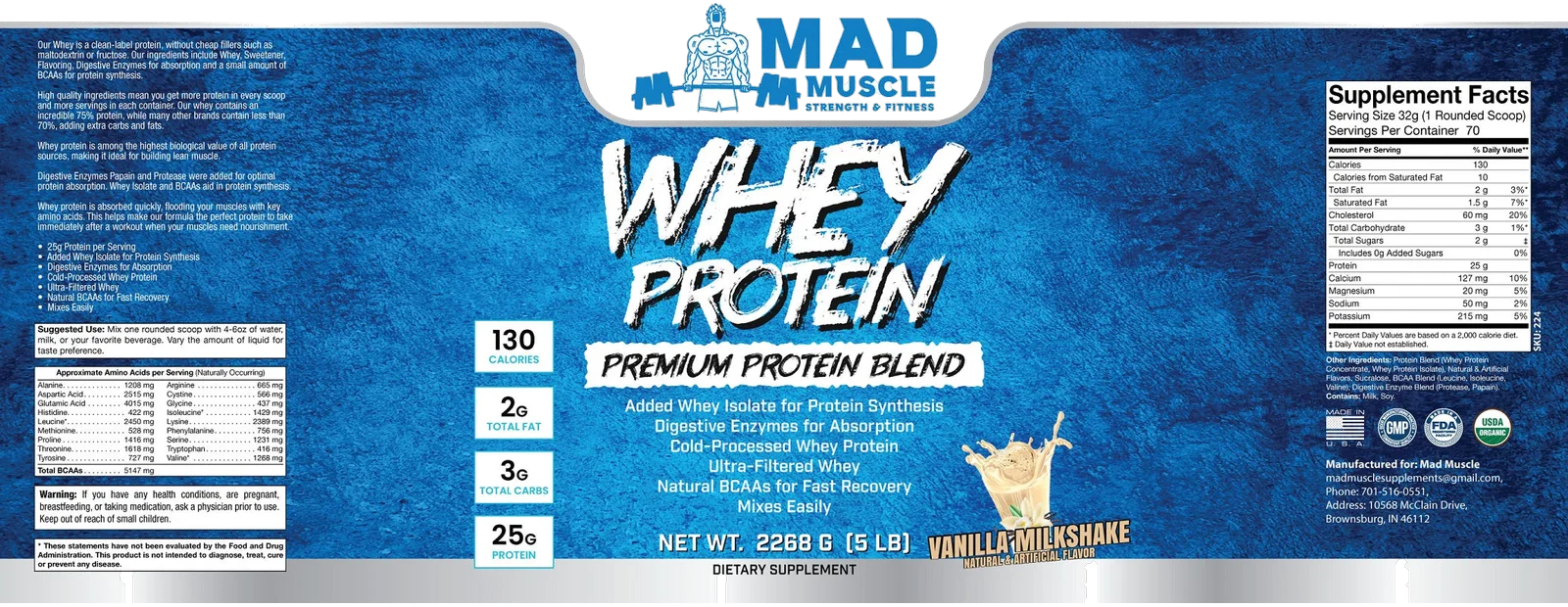 5 lb. Whey Protein- Vanilla Milkshake — full label, including the Supplement Facts panel