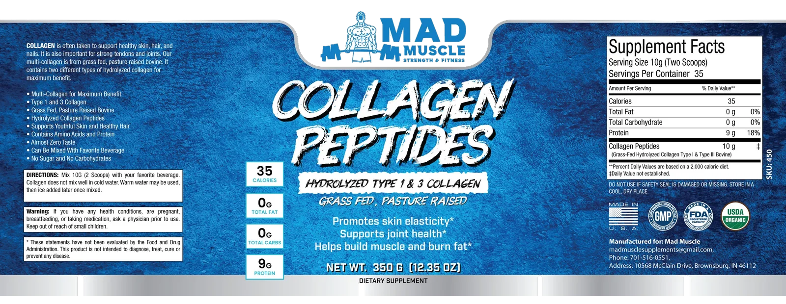 Collagen Peptides- Type I and III Grass Fed- Unflavored — full label, including the Supplement Facts panel