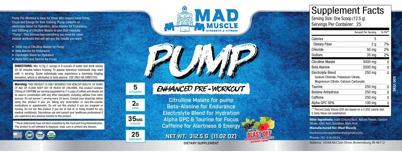 Pump Pre-Workout- Blast Off — full label, including the Supplement Facts panel