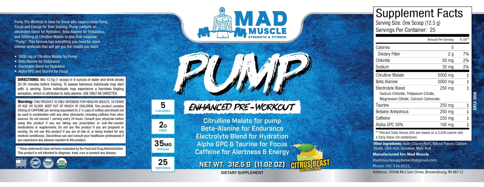 Pump Pre-Workout- Citrus Blast — full label, including the Supplement Facts panel