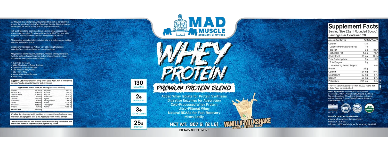 2 lb. Whey Protein- Vanilla Milkshake — full label, including the Supplement Facts panel